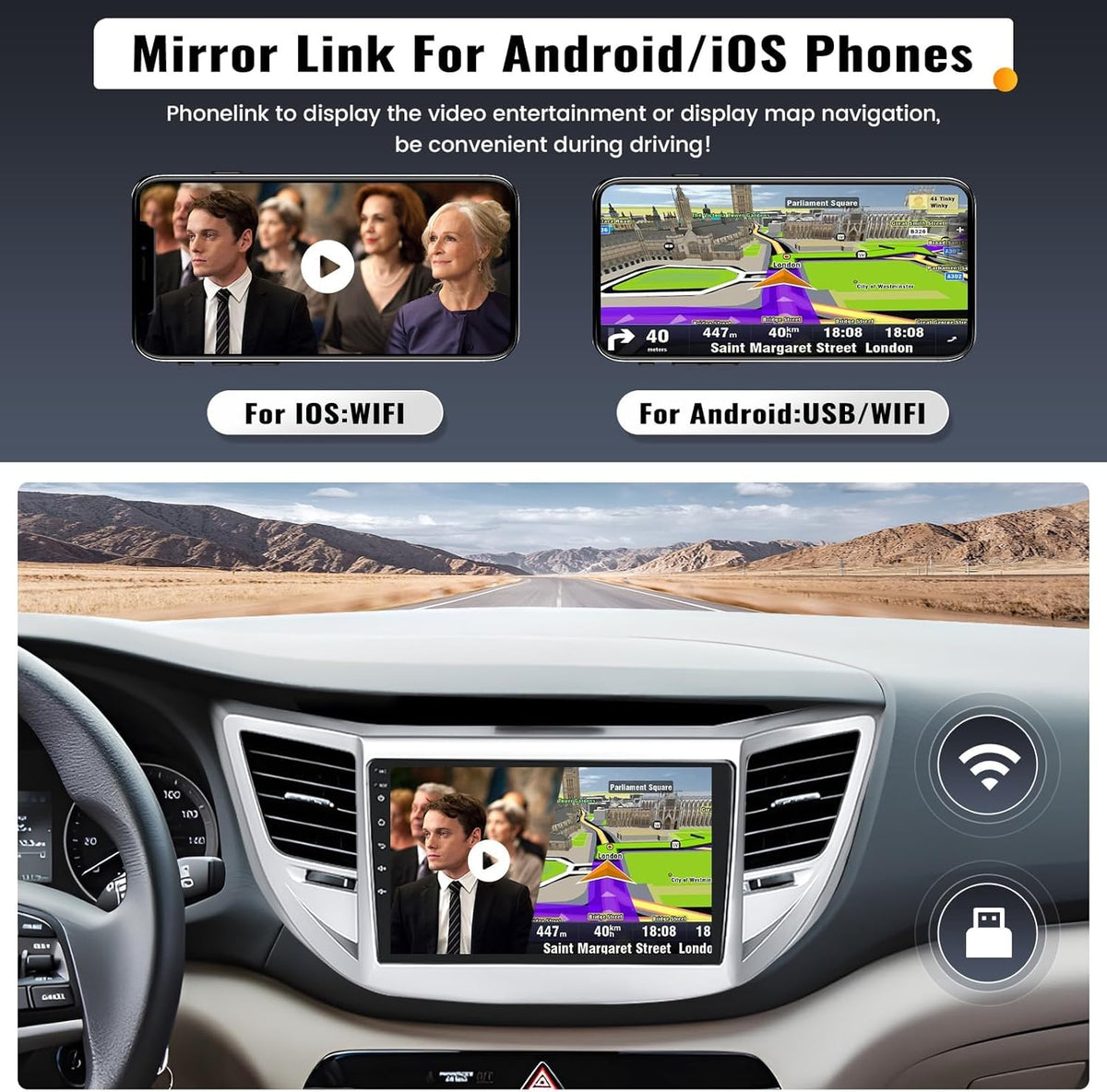 2G+64G 9 Inch Android Car Stereo for Hyundai Tucson 2015-2018 Radio Wireless Apple CarPlay Android Auto Bluetooth Touchscreen GPS Navigation Head Unit WiFi FM USB SWC Split Screen+AHD Backup Camera