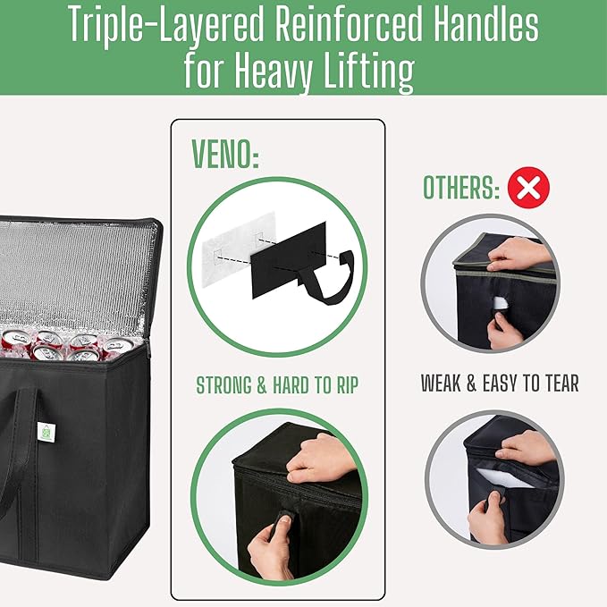 VENO 2 Pack Cooler Bags - Insulated for Food Delivery, Collapsible and Reusable Shopping Bags with Zipper, Foldable, Heavy-Duty, Stands Upright - Ideal for Groceries (Black, 2 Pack)