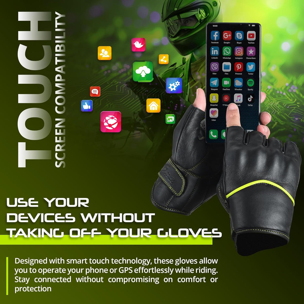 aasportx Motorcycle Gloves - Men's Leather Motorbike Gloves with Touchscreen Function - Non-Slip Pads for Men & Women