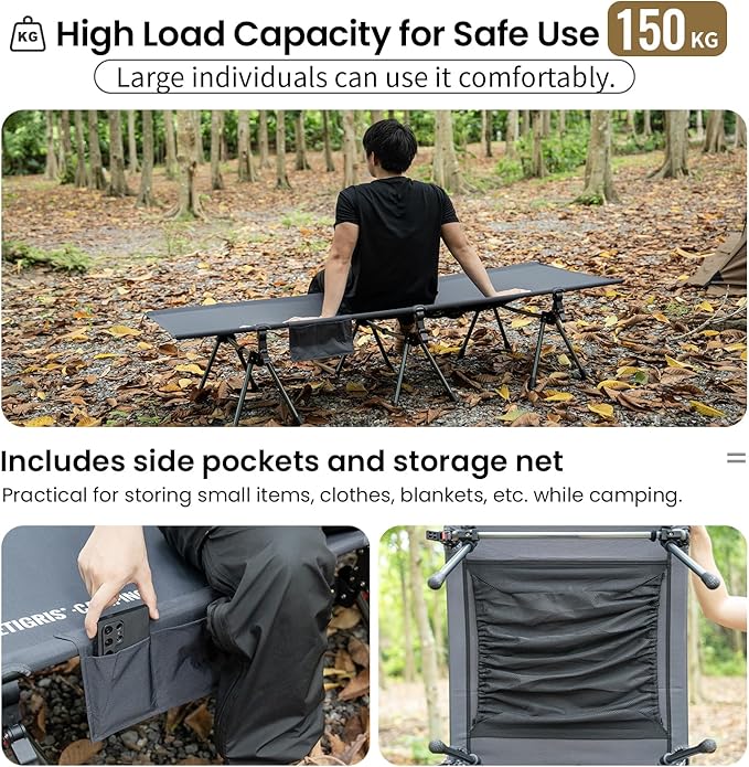 ONETIGRIS SUPRANUBIS Camping Cot, Height Adjustable with Cot Leg Extenders, Strong Support 330lbs, Lightweight Comfortable Folding Bed for Camping, Hiking, Travel, Truck, Beach, Office Nap