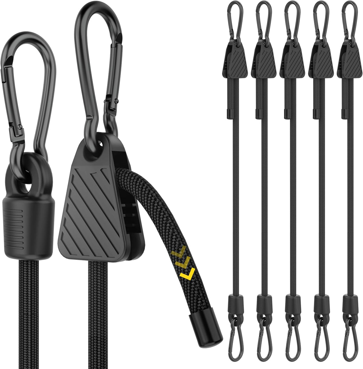 Adjustable Bungee Cords with Hooks, 6 Pack Heavy Duty Outdoor Carabiner Bungee Cord, Black Super Elastic Bungee Straps Easily Adjust from 7" to 48", Great for Cargo, Camping, Bike Racks, Tents