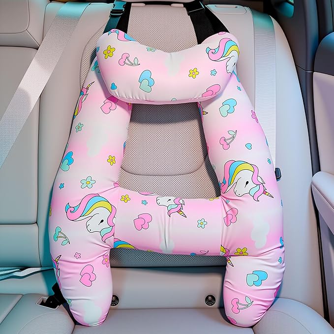 Chunful H-Shape Car Seat Pillow for Kids Car Travel Pillow for Kid Children Vehicle Sleeping Head Support Back Seat Adjustable Head Neck and Shoulder Support for Long Trips Sleeping (Unicorn)