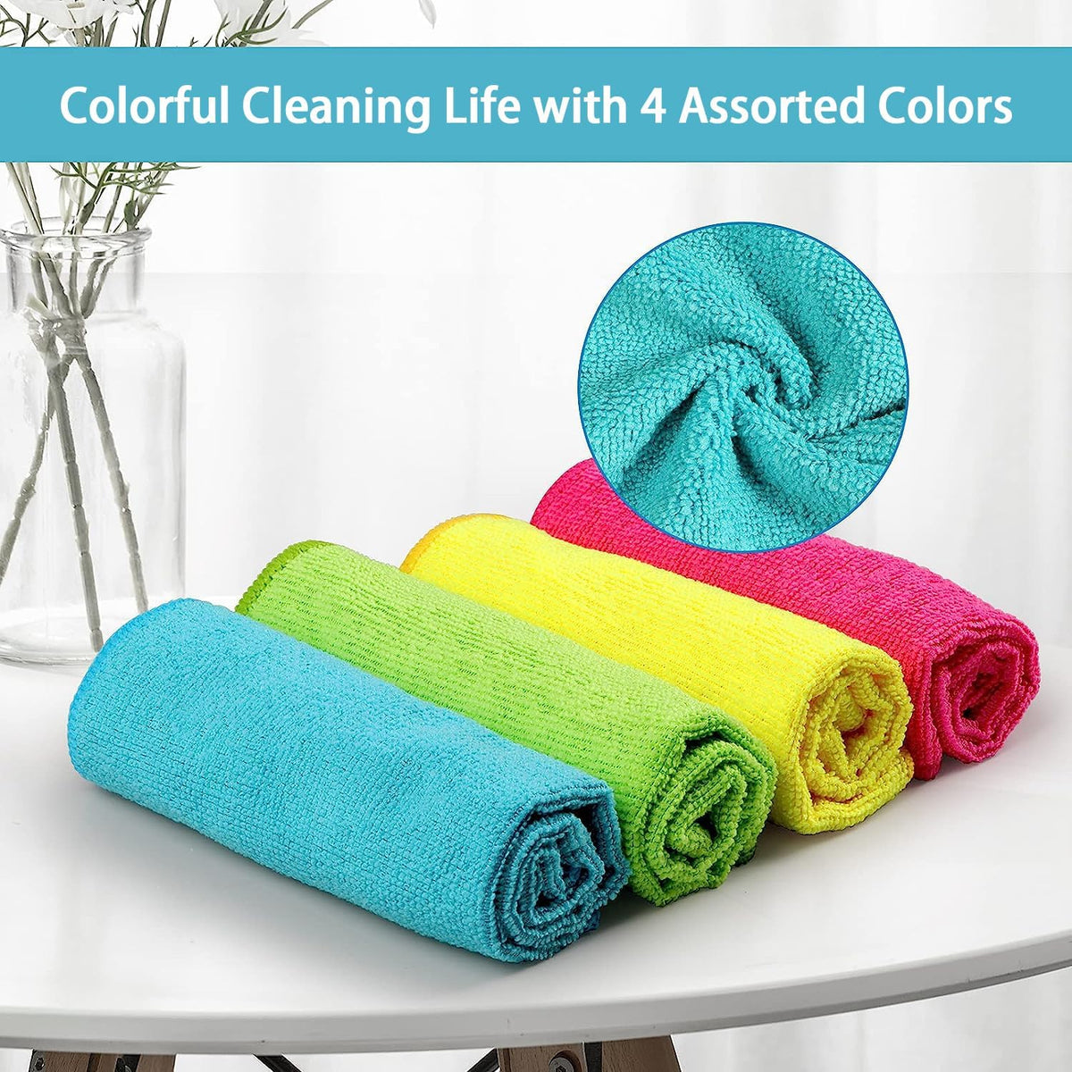 HOMEXCEL Microfiber Cleaning Cloth, 8 Pack Cleaning Rags, Cleaning Towels with 4 Color Assorted, 11.5"X11.5"(Green/Blue/Yellow/Pink)