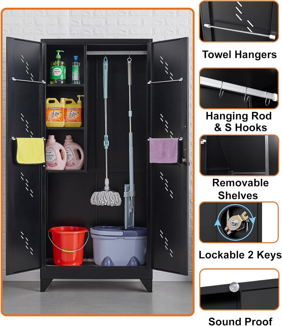 75" Metal Storage Cabinet with Lockable Doors, Functional Garage Storage Cabinet, Tool Chset Garage Organization with Hanging Rod & S-Hooks