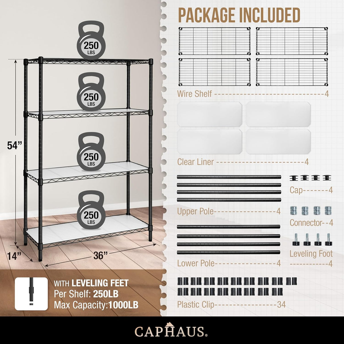 CAPHAUS NSF Adjustable Height Wire Shelving Unit w/Liner, Basement Storage Shelving, Metal Steel Storage Shelves, Garage Shelving Storage Organizer, Utility Shelf, 4-Tier No Wheels W/Liners, Black