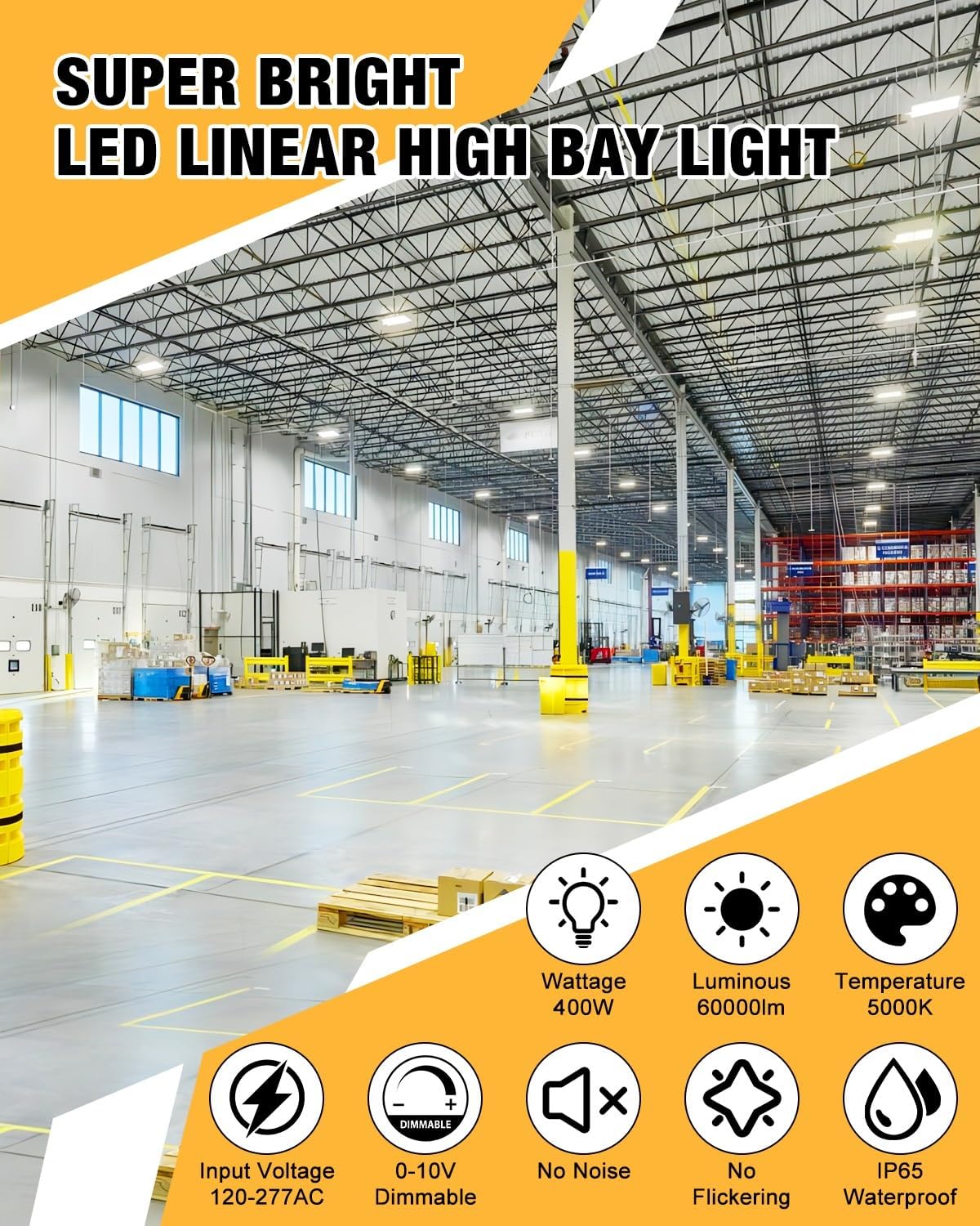 400W LED Linear High Bay Light, 60000LM Linear High Bay Shop Light 120-277V, 5000K for Warehouse, Garage Factory, UL Listed, 5 Years Warranty, 2Pack