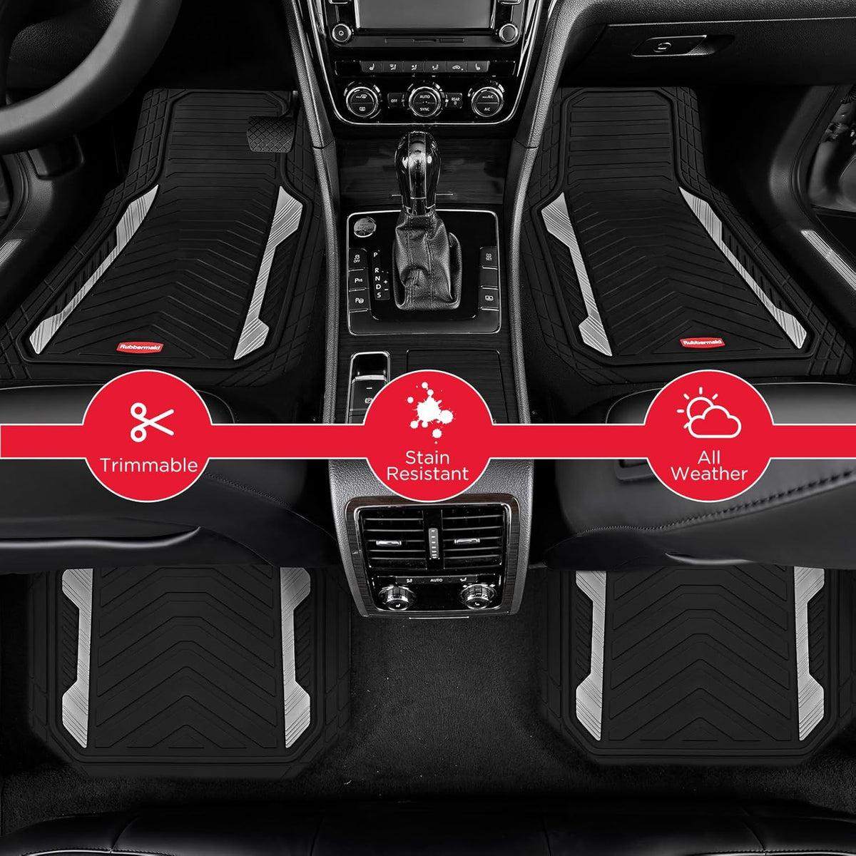 Rubbermaid Car Floor Mat, Heavy Duty All-Weather Car Mats Full Set with Dual-Tone Sliver Aluminum Inserts – Universal Fit, Anti-Slip Backing, Trim-to-Fit for Most SUV, Sedan, Van