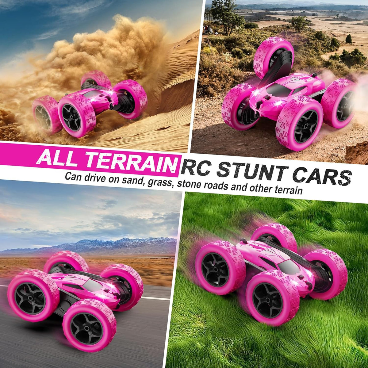 RC Cars, Rose Remote Control Car for Girls, 2.4 GHZ Double Sided RC Stunt Car 360° Rotating Remote Control Crawler with Headlights Car Toys for 6 7 8 9 10 11 12 Girls Birthday Gift
