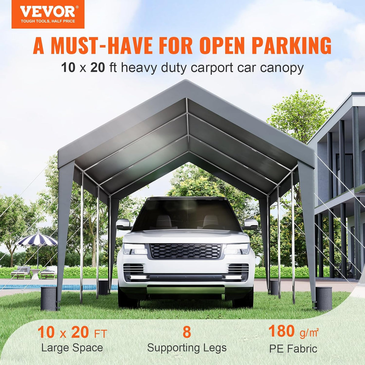 VEVOR Carport Car Canopy 10x20ft, Upgraded Heavy Duty Car Port Garage Boat Shelter Party Tent with 8 Reinforced Poles and 4 Weight Bags, UV Resistant Waterproof Tarp for SUV, Truck, Boat