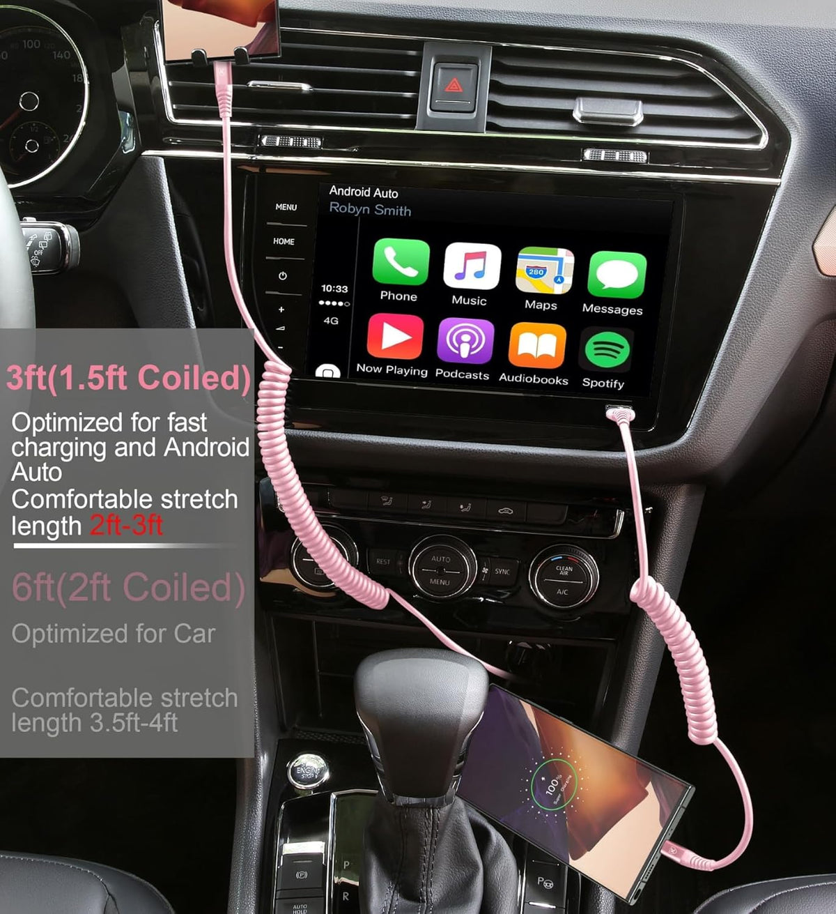 USB C to C Cable 3FT for Car, Coiled USB C Fast Charging Cable for iPhone 16, 2Pack Type C Cord for iPhone 15/Plus/Pro/Pro Max/Samsung Galaxy S23-Pink