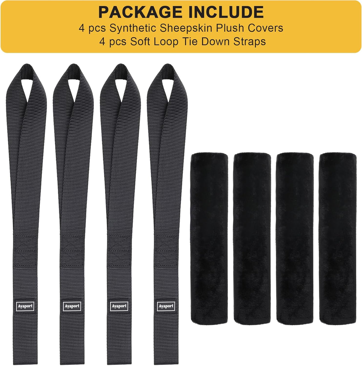 Ayaport Soft Tie Cover Set Include 4 pcs Synthetic Sheepskin Plush Covers and 4 pcs Soft Loop Tie Down Straps for Protecting Motorcycle, Dirt Bike, ATV, UTV etc. 1.5"x18"