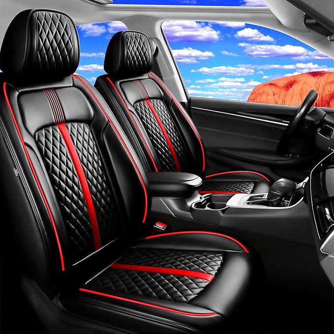 Fit Mazda 3 Car Seat Covers for Select Mazda 3 2010-2019 - Full Coverage Leather, Airbag Compatible, Waterproof & All Weather Seat Cushion Protector, Full Set, Black with Red Trim