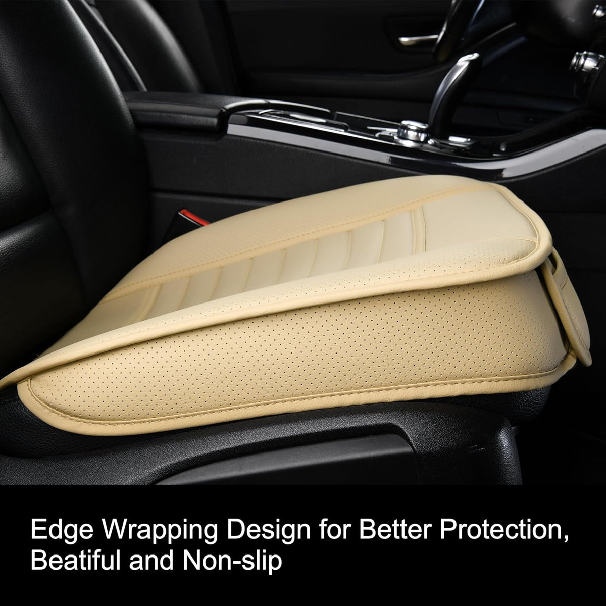 2pc Edge Wrapping Comfortable Car Front Seat Covers, Seat Protectors, Anti-Slip Bottom Seat Cushion Covers for Auto with PU Leather(Beige)