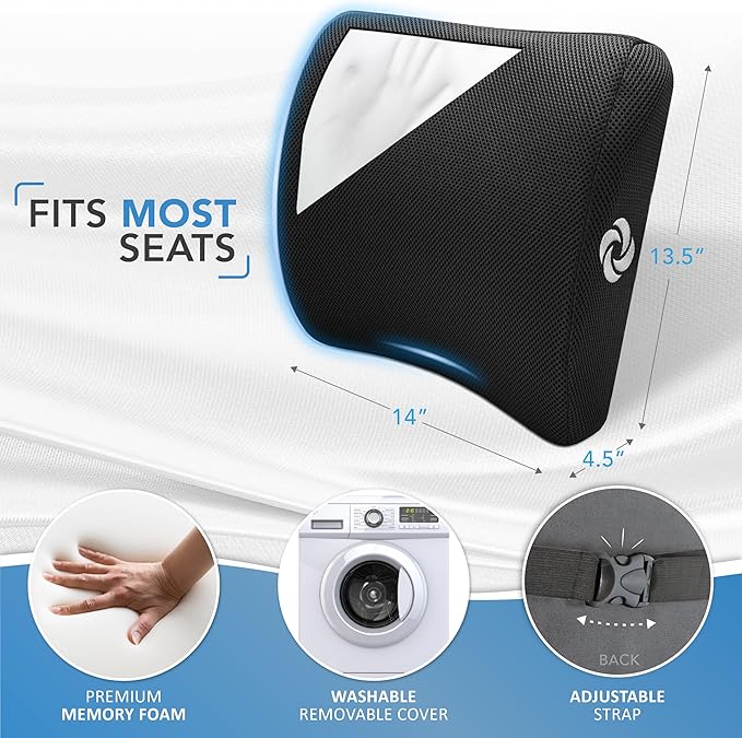 Samsonite Lumbar Support Pillow for Office Chair and Car Seat, Perfectly Balanced Memory Foam, Versatile Use Lower Back Cushion, Black Plush