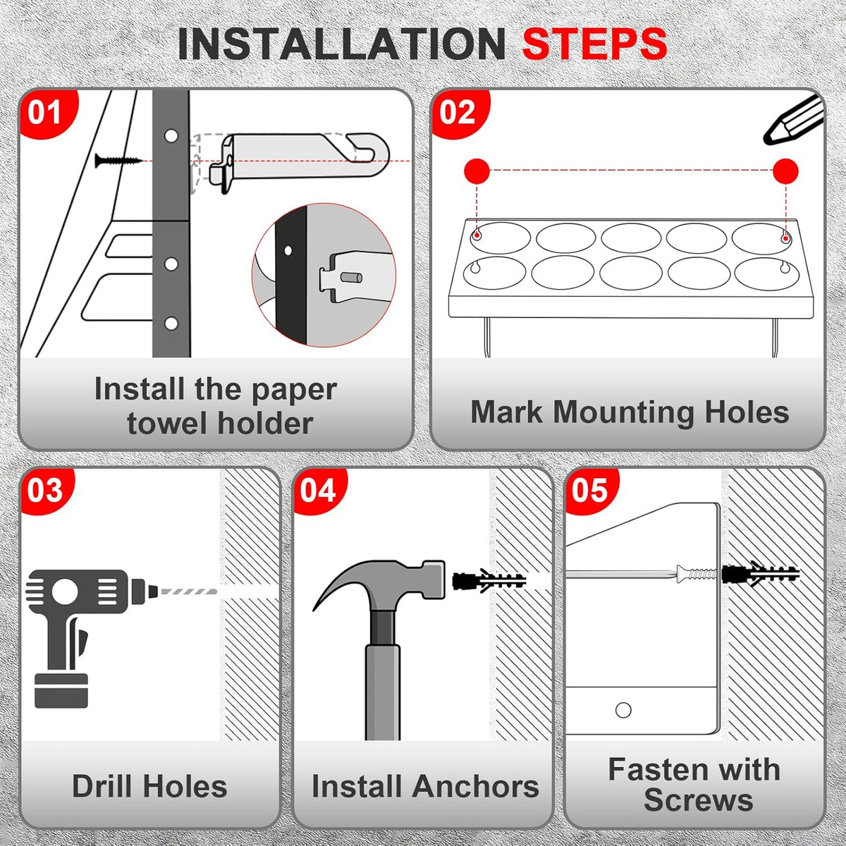 10 Aerosol Spray Can Holder with Paper Towel Holder & 4 Detachable Hooks, Space-Saving Tool Organizer Wall Mount for Garage, Workspace and Tool Room