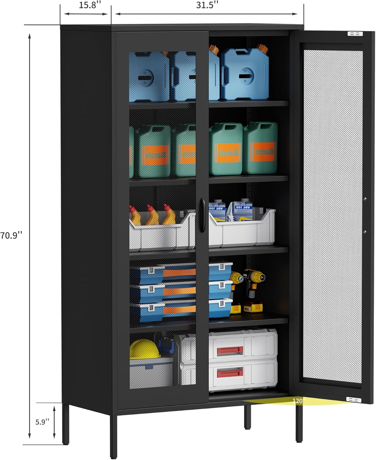 73 '' Metal Garage Storage Cabinet, 2 Doors and 4 Adjustable Shelves, mesh Door Design, can be Used to Store Tools, consumables, Books, etc., for Office, Home, Garage, Gym, School (Black)