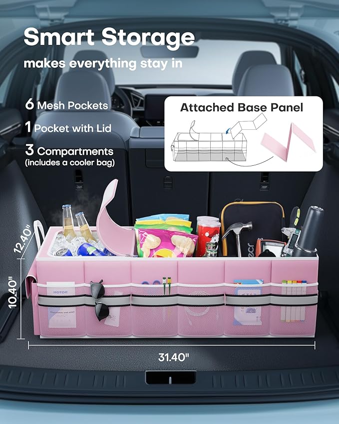 HOTOR Trunk Organizer - Car Organizer with Built-In Leakproof Car Cooler, Collapsible Trunk Organizer with Cooler for Car, SUV, Sedan, with Base Panel (3 Compartments, Pink),31.9"×12.6"×10.6"