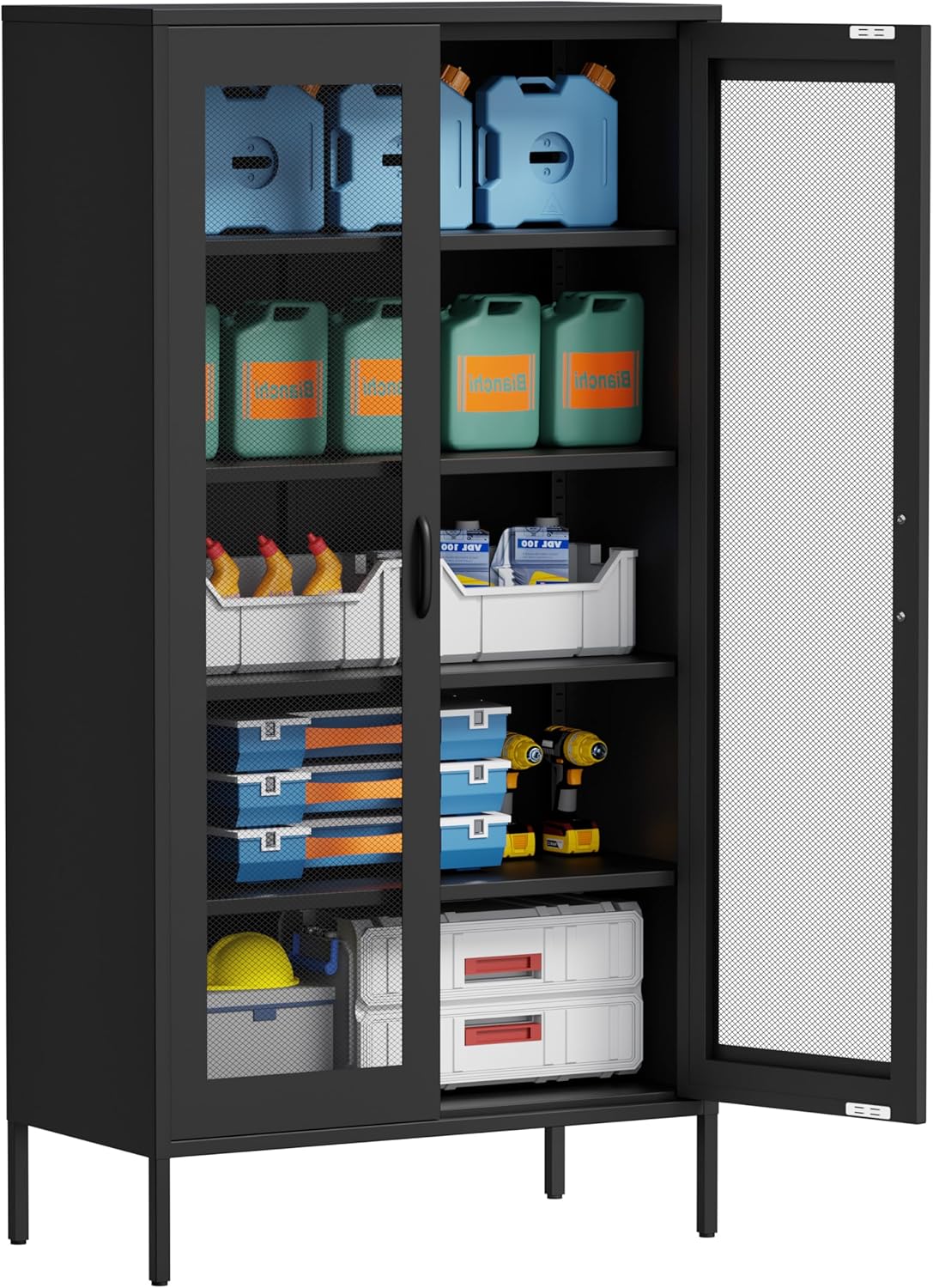 73 '' Metal Garage Storage Cabinet, 2 Doors and 4 Adjustable Shelves, mesh Door Design, can be Used to Store Tools, consumables, Books, etc., for Office, Home, Garage, Gym, School (Black)