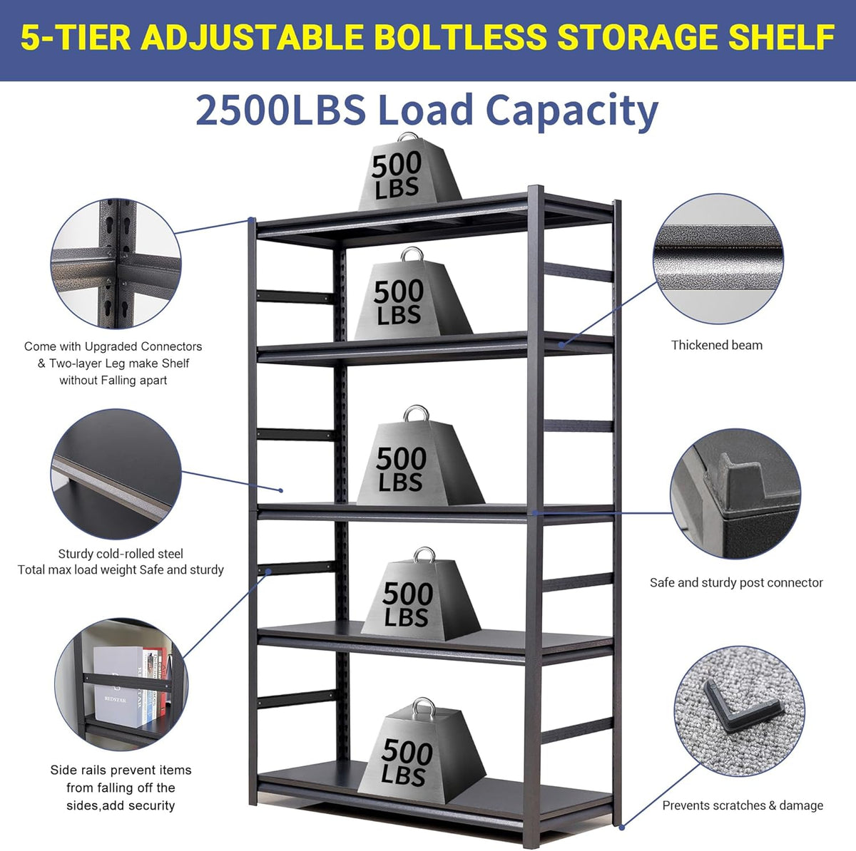 TOPKEY Metal Storage Shelf Garage Storage Shelves, Heavy Duty 5-Tier Utility Shelves for Garage, Kitchen, Warehouse, Adjustable Basement Storage Rack, Load 2500LBS, 72" H x 47.2" W x 23.6" D