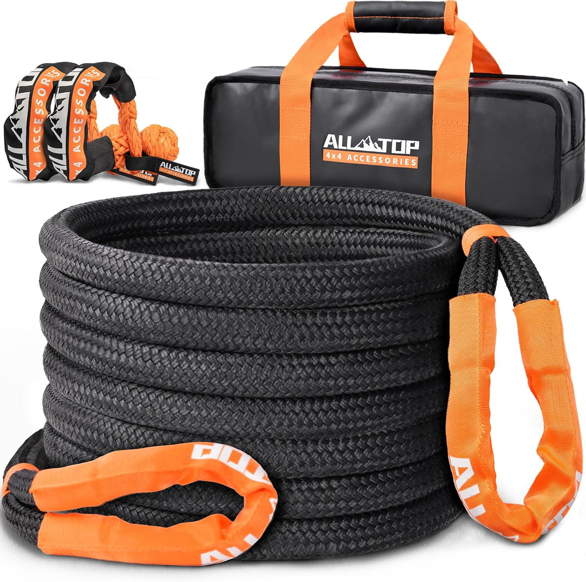 ALL-TOP Kinetic Recovery Rope Kit w/ 2 Soft Shackles, 48000Lbs, 1in x 20ft, Heavy Duty 30+% Elasticity, 16000Lbs Work Load Limit