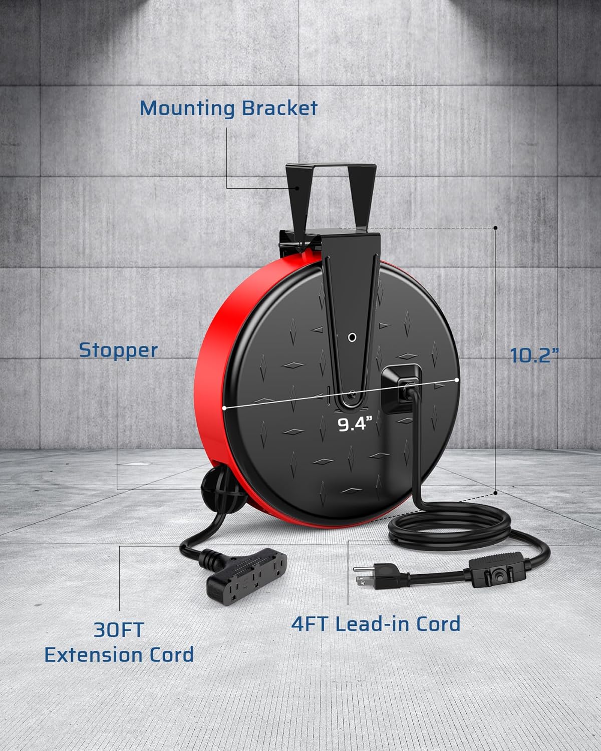 DEWENWILS 30 Ft Retractable Extension Cord Reel, Ceiling or Wall Mount 16/3 Gauge SJTW Power Cord with 3 Electrical Outlets Pigtail for Garage and Shop, 10 Amp Circuit Breaker, Metal Plate, UL Listed