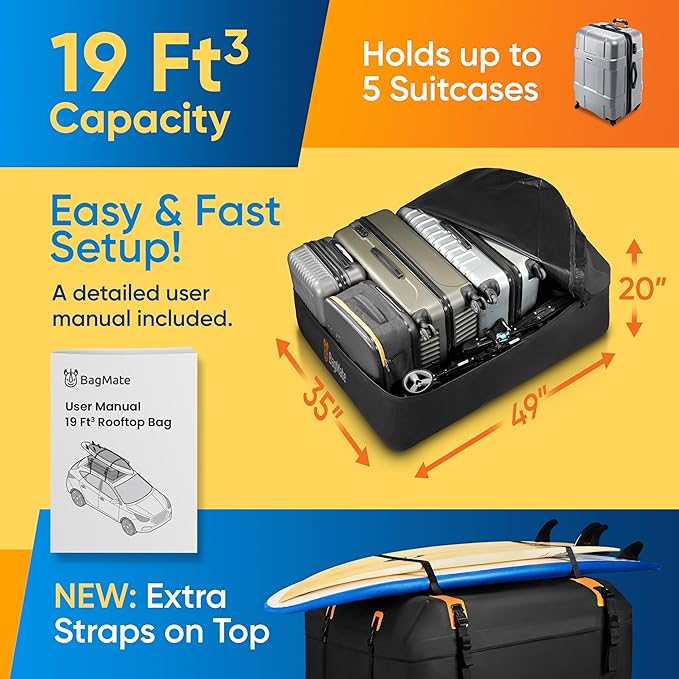 Car Roof Bag - Car Rooftop Cargo Carrier Bag – 19 Cubic Ft Waterproof Roof Rack Cargo Carrier, Includes Anti-Slip Mat, 4 Door Hooks, Reinforced Zipper/Buckle, with or Without Rack