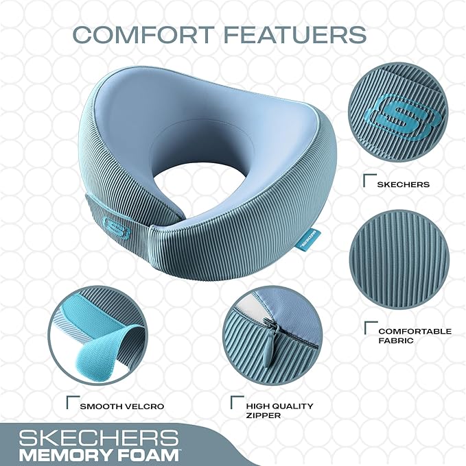 Skechers Women's Memory Foam Neck Pillow, Comfortable & Breathable Travel Pillow,Neck Pillow Airplane for Travel, Car Rides, Home, and Office Use, Ergonomic Design for Men and Women,Light Blue