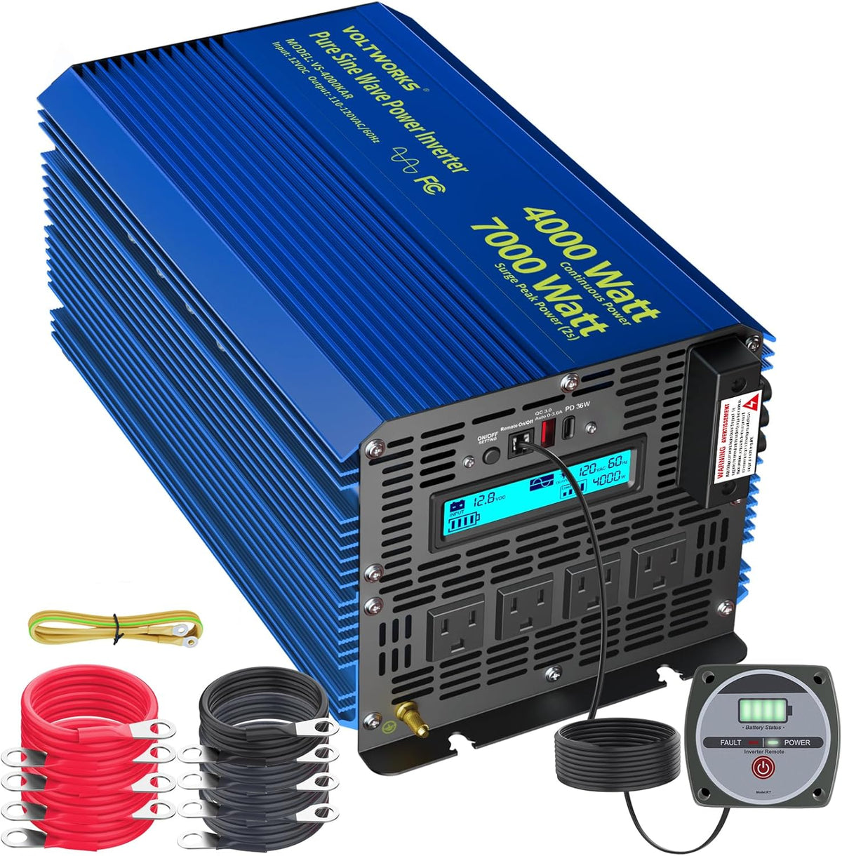 4000 Watt Inverter Pure Sine Wave Power Inverter 12V to 110V 120V AC, 7000W Surge Peak Power for 2s, 2025 New Invention, FCC Approved, Compatible with Lithium Battery,for Car Off-Grid Solar RV Vehicle