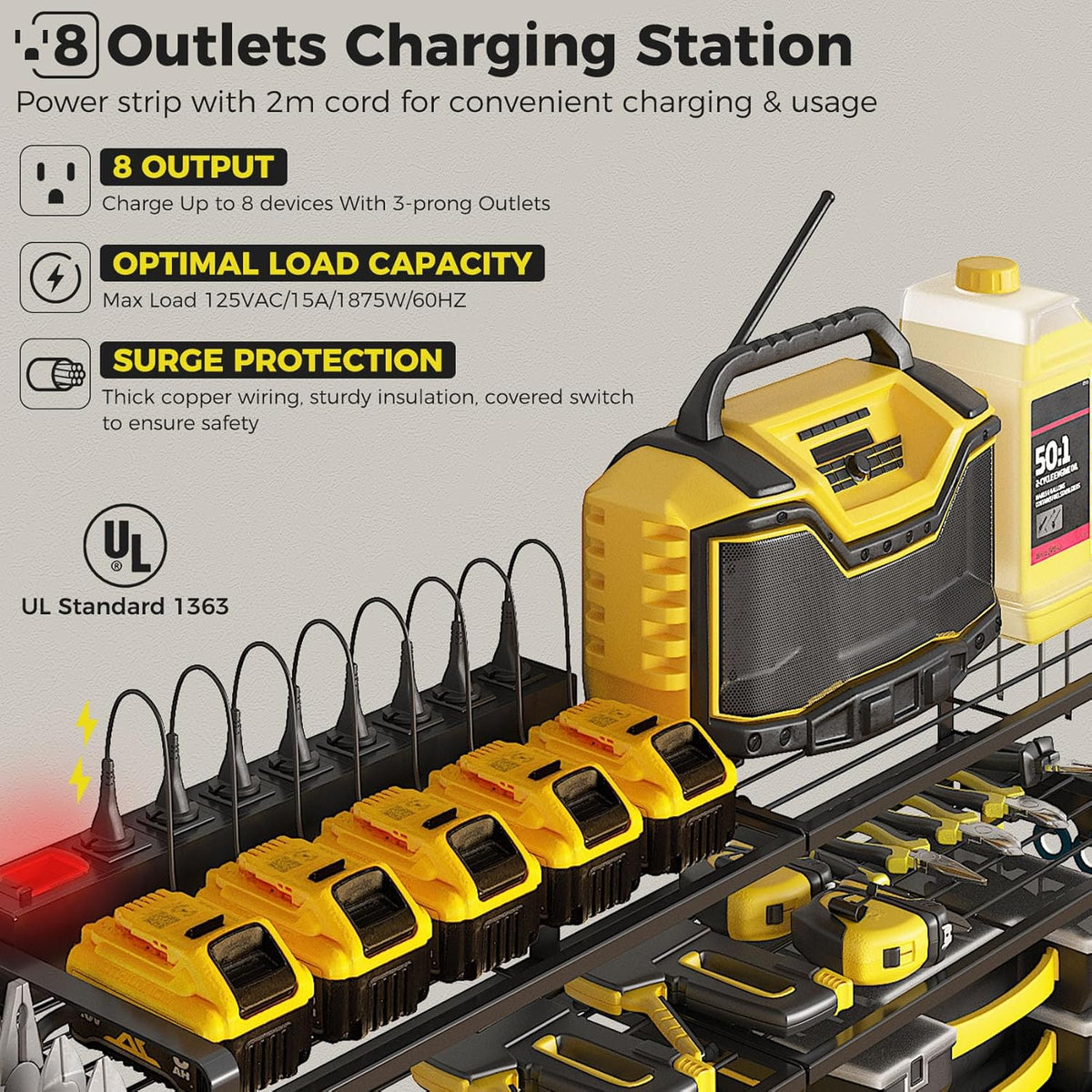 3 Pack Power Tool Organizer Wall Mount with Charging Station, 8 Outlet Power Strip & 4 Layers Storage Rack with 8 Drill Holders for Cordless Tools, Heavy Duty Utility Racks for Garage Workshop