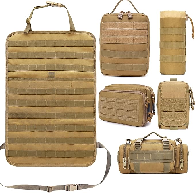 Molle Seat Back Organizer with 5 Pouches, Tactical Seat Covers, Molle Tactical Vehicle Organizers Panel Car Seat Covers Protector for Truck