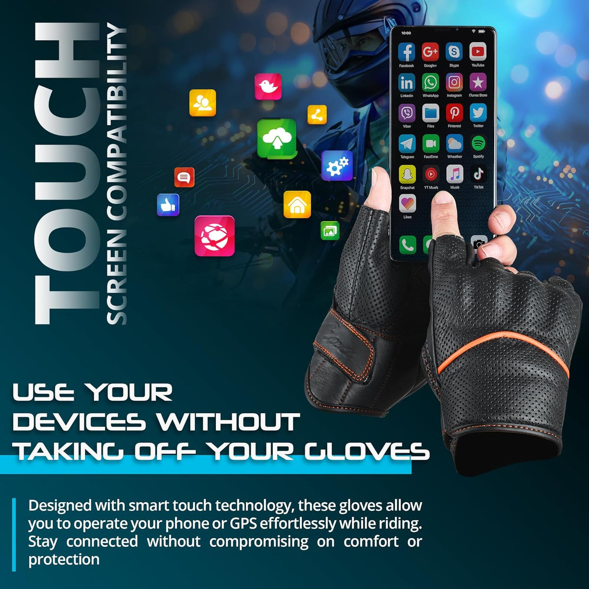 aasportx Motorcycle Gloves - Men's Leather Motorbike Gloves with Touchscreen Function - Non-Slip Pads for Men & Women