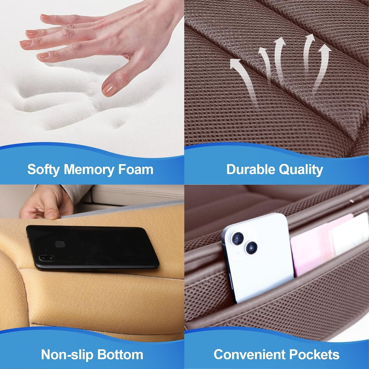 Premium Car Seat Cushion, Driver Cushion with Comfort Memory Foam & Non-Slip Rubber Bottom, Car Seat Pad Works with 95% of Vehicles and Office Chair or Home - 4D Brown