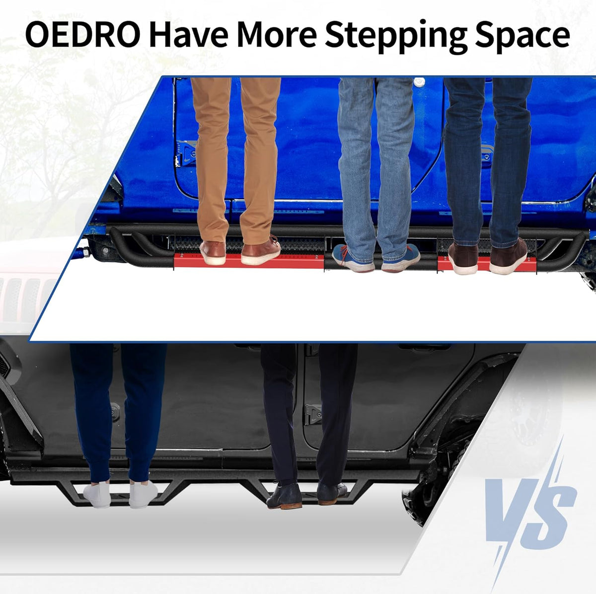 oEdRo 6 inch Running Boards Compatible with 2018-2025 Jeep Wrangler JL Unlimited 4 Door, Bolt-on Drop Side Steps Rails, Powder Coated Black and High Gloss Red Nerf Bar