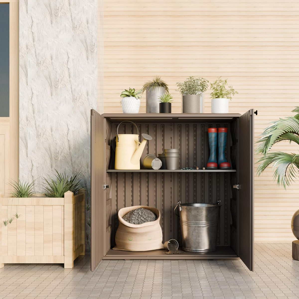 Indoor Outdoor Storage Cabinet Waterproof with 1 Shelf, Plastic Outdoor Storage Cabinets for Patio/Garden/Backyard, Size 34.3''L*15''W*36.2''H(Brown)