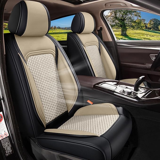 Car Seat Covers Front Seats for Acura TSX 2009-2014, Breathable Cooling Ice Silk Leather Car Seat Covers, 2 Seats Vehicle Seat Protector Seat Cushion Auto Accessories (Black&Beige)