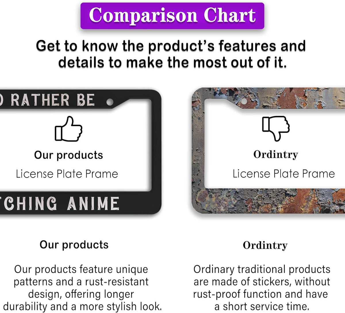 License Plate Cover Black and White License Plate Frames I’D Rather Be Watching Anime Aluminum Metal Car Accessory 2 Pack with Screw Covers Set