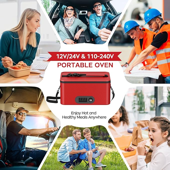 Portable Oven, 12V 24V 110V-240V Car Food Warmer Portable Personal Mini Oven Electric Heated Lunch Box for Meals Reheating & Raw Food Cooking for Road Trip/Camping/Picnic/Family Gathering(Red)