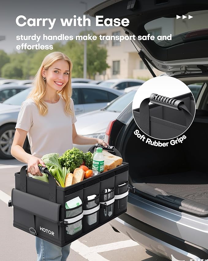 HOTOR Car Trunk Organizer - Foldable Trunk Organizer for SUV, Car Storage with Reflective Strips & Securing Cover, Large Capacity Car Accessories for Truck, Van & Sedan, Black, 22.1" x 12.6" x 11.0"
