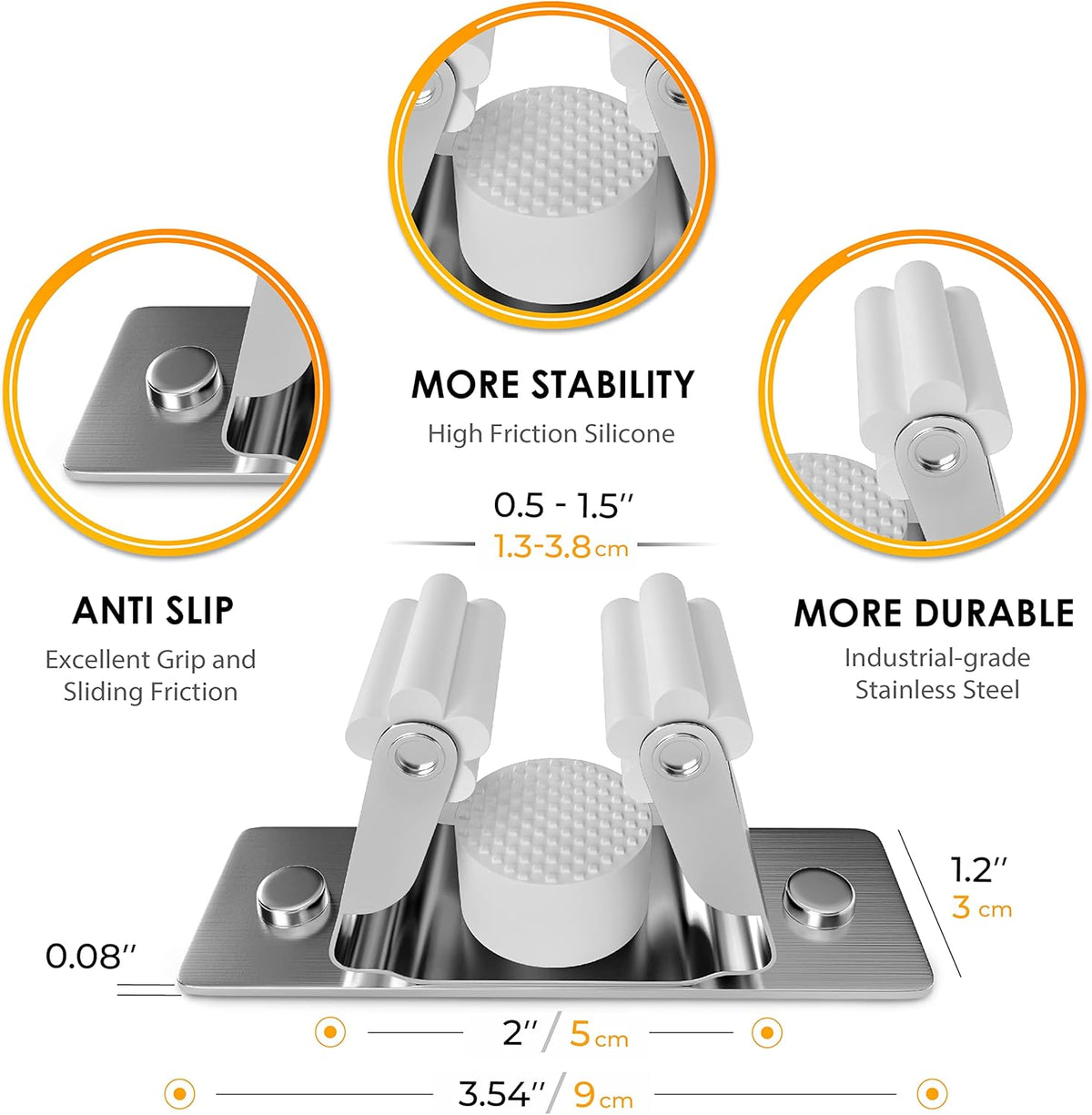 Self Adhesive Broom and Mop Holder Wall Mounted – SUS304 Stainless Steel 2-Slot Organizer with Anti-Slip Rubber Grips, 25lb Load, Adjustable for 0.6–1.4" Handles, Garage Kitchen Bathroom Use, 2 Pack