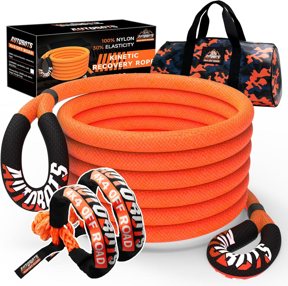 AUTOBOTS Kinetic Recovery Rope 1" x 30'(48,600lbs)+2 Soft Shackles，Heavy Duty Tow Rope Tow Strap for Truck ATV UTV SUV Car，Offroad Recovery Kit
