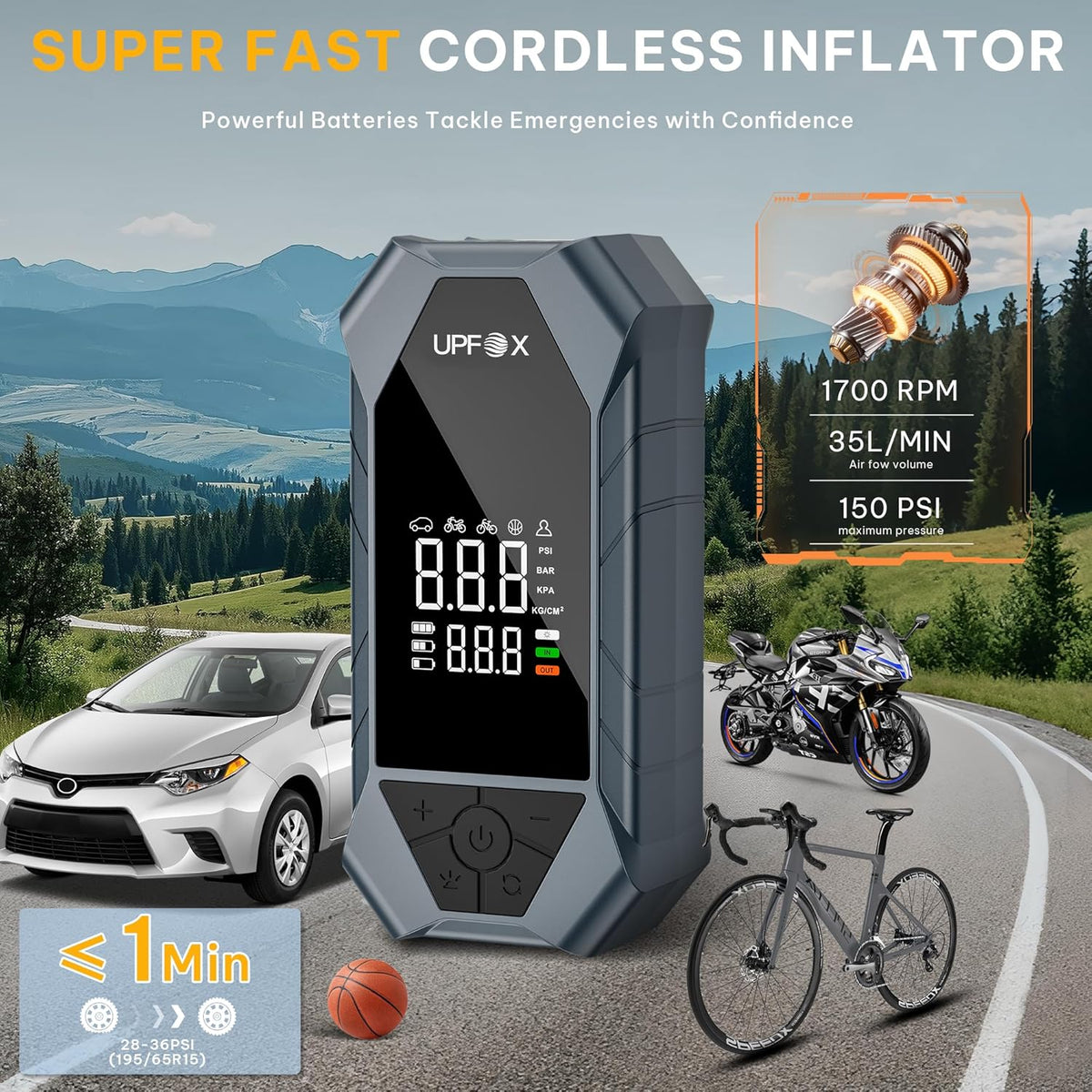 Tire Inflator Portable Air Compressor - 150psi &12000 mAh Fast Air Pump for Car Tires with Digital Tire Pressure Gauge Accurate Dual Lcd Display & Led Light for Car Motorcycle Bicycle Balls More