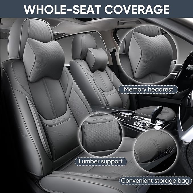 Auto Car Seat Covers Accessories Full Set Leather Cushion Protector Breathable Waterproof Seat Cover for Cars Universal Fit (Grey, Front Pair and Rear)