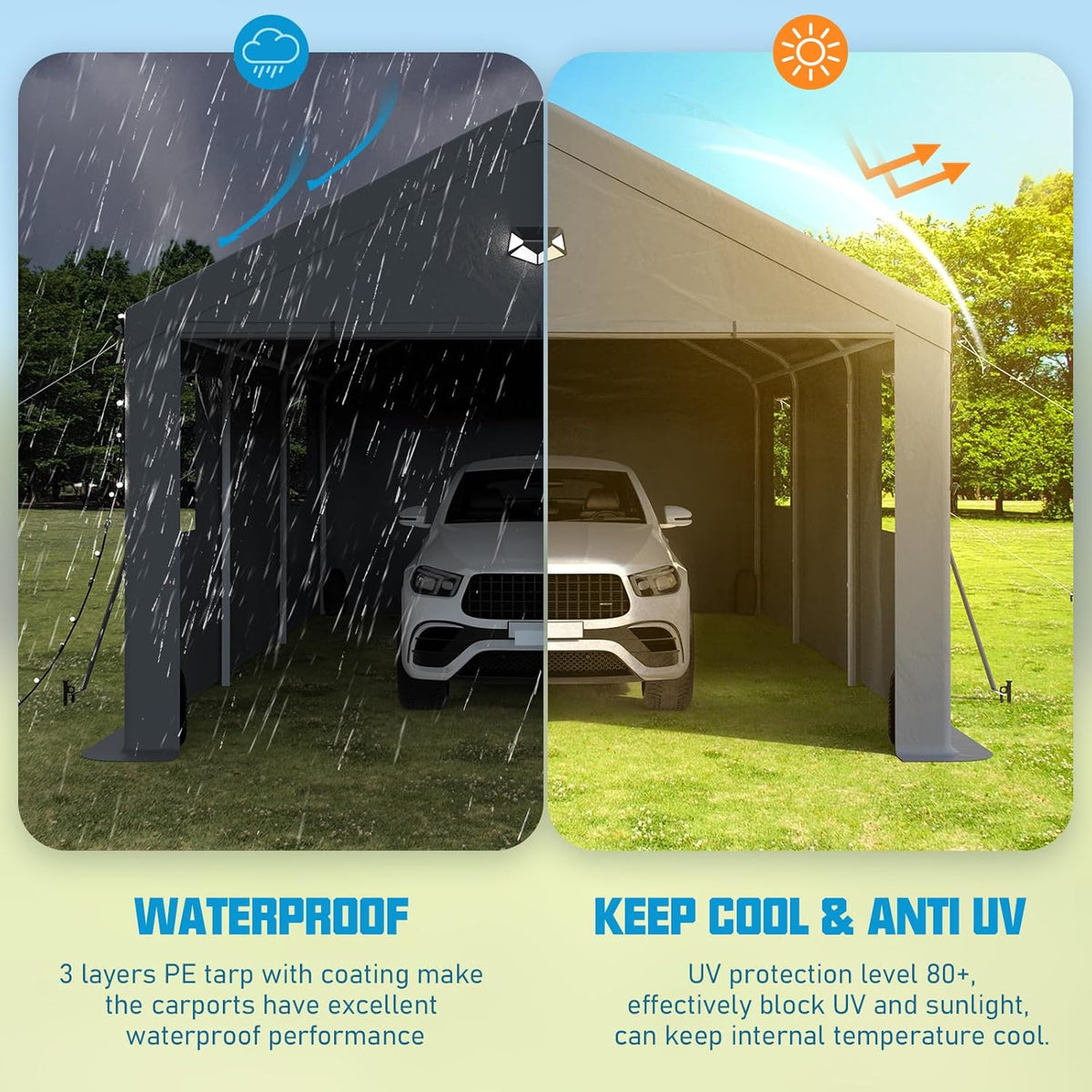 13x25 Carport, Heavy Duty Carport Canopy Garage with Removable Sidewalls and Drive Through Roll Up Zipper Doors, Grey