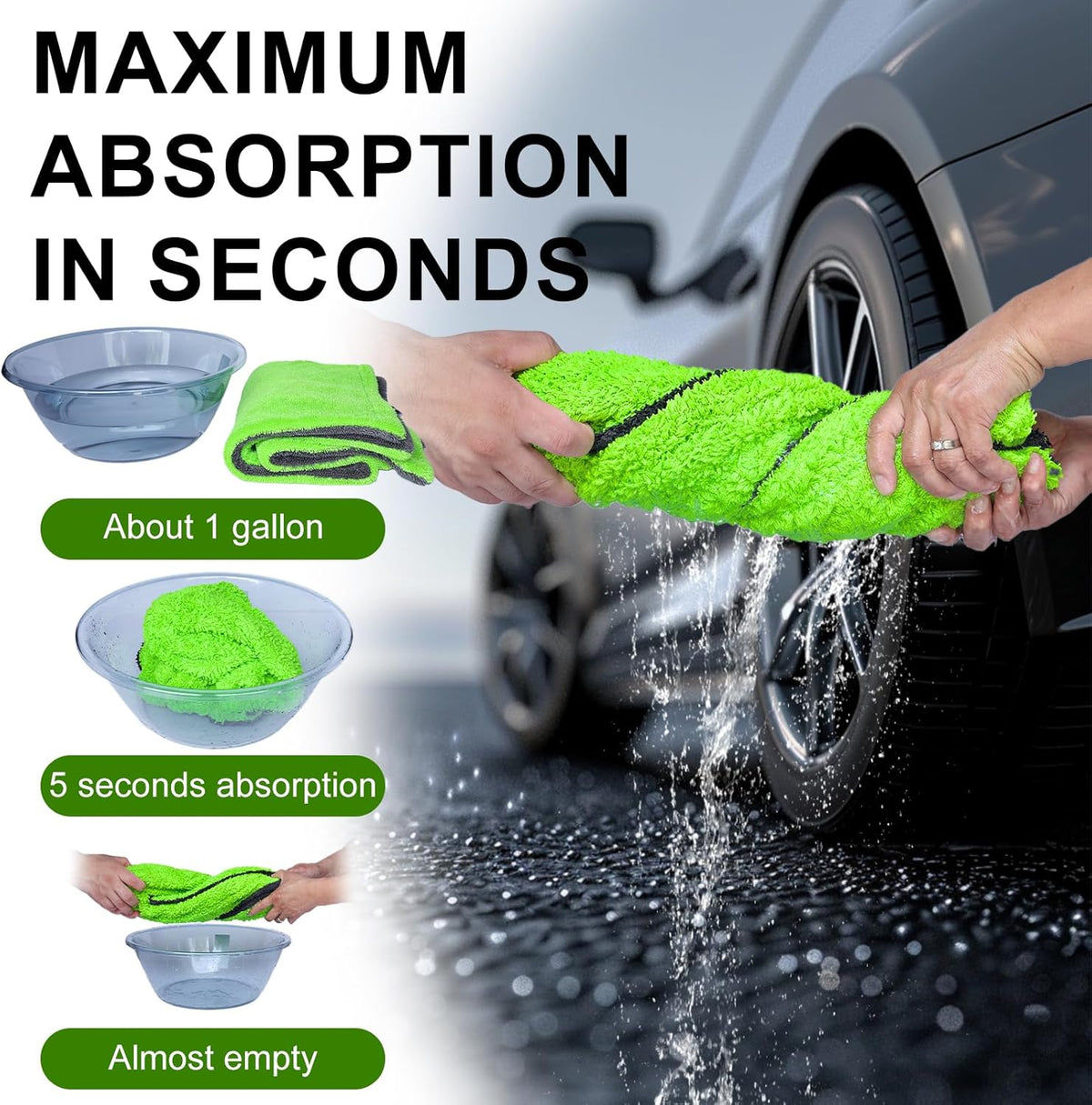 2 Pack XL Car Drying Towel – 1300GSM Ultra Absorbent Microfiber, 24"x36" Large Size, Twisted Loop, Lint-Free & Streak-Free for Auto Detailing, Car, SUV, Truck (Gray-Green)