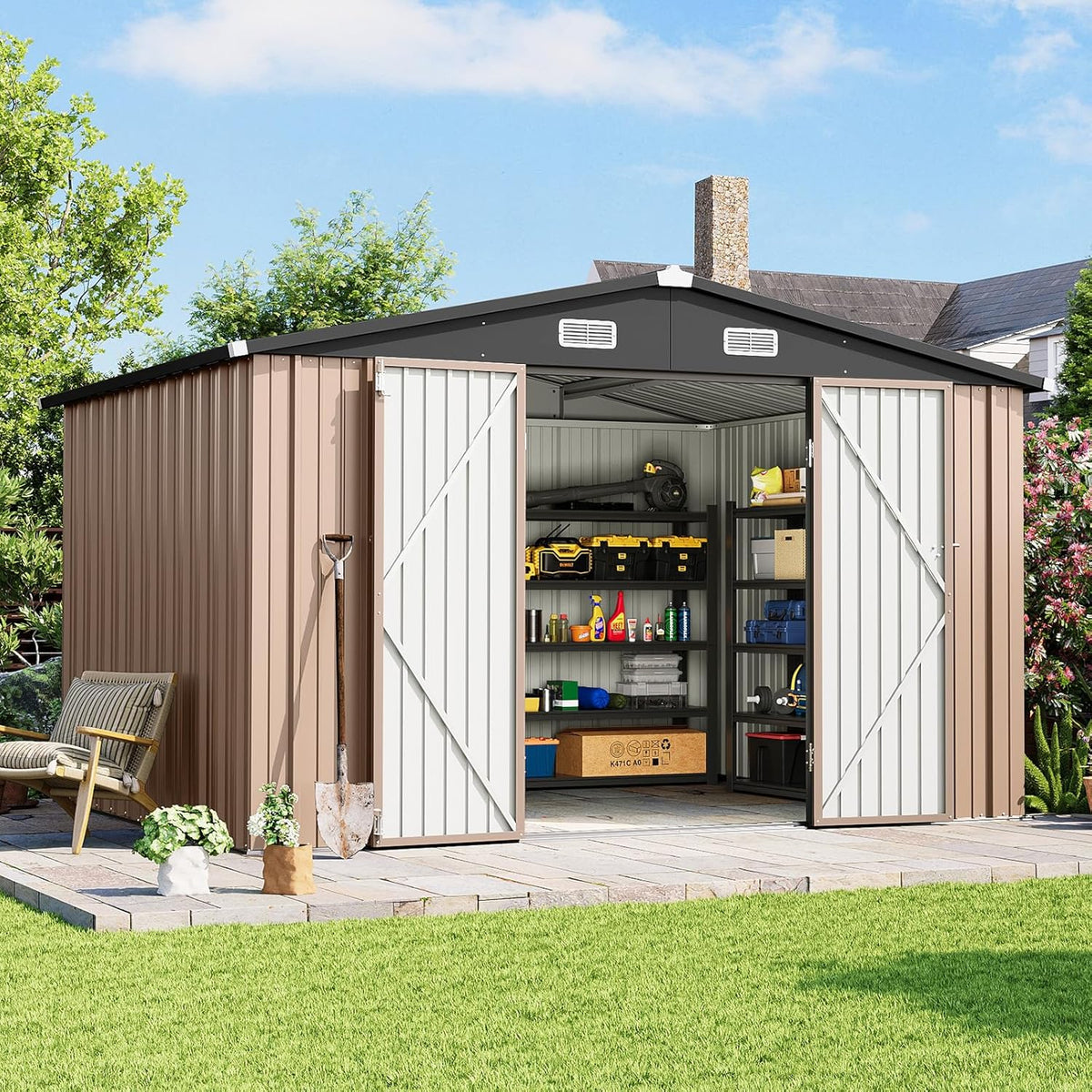 10x8 FT Outdoor Storage Shed with Lockable Double Doors & Loping Roof, Outdoor Metal Shed for Bike, Tool, Generator Storage in Backyard, Patio (10’x8’)