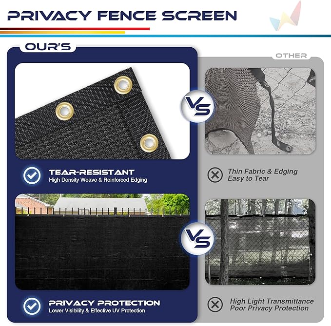 Windscreen4less Privacy Fence Screen Heavy Duty Windscreen Fencing Mesh Fabric Shade Net Cover with Brass Grommtes for Outdoor Wall Garden Yard Pool Deck, 8'x181' Black
