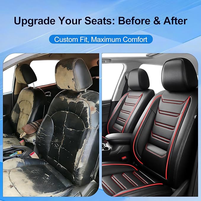 Fit Sonic Car Seat Covers for Select Chevrolet/Chevy Sonic 2012-2020 - Premium Full Coverage Leather, Airbag Compatible, Waterproof & All Weather Seat Cushion Protector, Full Set, Red Trim