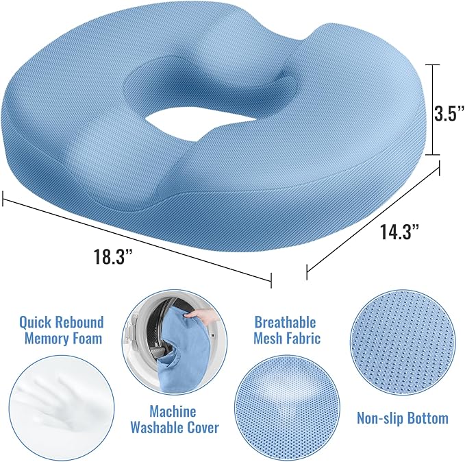CloudBliss Donut Pillow Seat Cushion Chair Pad for Tailbone Pain Relief and Hemorrhoids, Memory Foam Seat Chair Cushion for Men and Women for Home & Office, (Light Blue-XL)