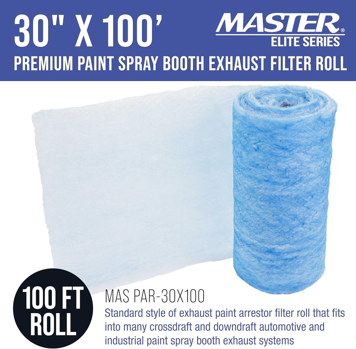 Master Elite Premium Paint Spray Booth Exhaust Filter Roll, 30" x 100' - 18 Gram Heavy-Duty Fiberglass Paint Arrestor - Captures Traps Overspray Paint Particles in Auto Car Autobody Refinish Booths
