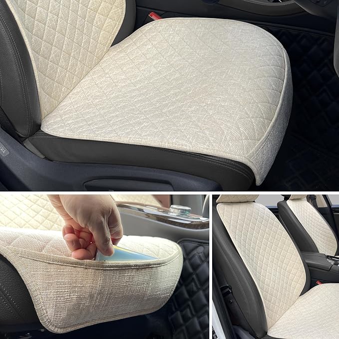 Linen Car Seat Covers Front Seat Covers Breathable Cloth Fabric Car Seat Protector - Universal Fit for Cars, Vans, SUVs, Trucks - 2 Units - Beige